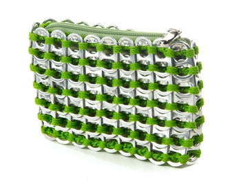 Lime Green Coin Purse | Pop Tab Purse for Coins, Bills, Credit Cards | Handmade from Upcycled Polished Soda Tabs, Fabric Liner & Zipper Top