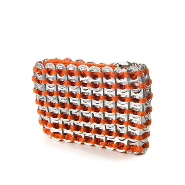 Orange Coin Purse | Can Tab Purse for Coins, Bills, Credit Cards | Handmade from Upcycled Polished Soda Tabs, Fabric Liner & Zipper Top