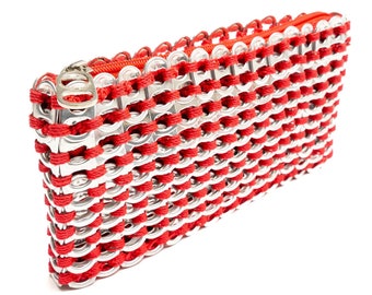 Red Clutch Bag Made from Soda Pop Tabs | Coca Cola Red Clutch With Recycled Silver Tabs | Beautifully Finished With Fabric Liner and Top Zip