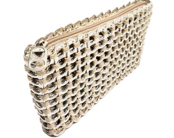 Beige Clutch Bag Woven With Pop Tabs | Cute Makeup Bag Can Double As An Evening Bag | Big Enough To Hold Phone And Essentials