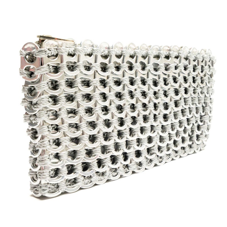silver pop tab purse with fabric liner and zipper top made - silver pop top clutch by escama studio