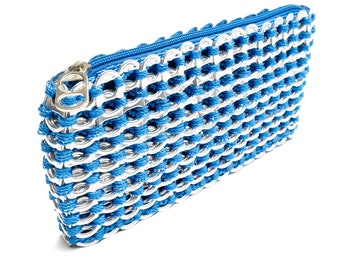 Blue Pop Top Bag by Escama Studio | Blue and Silver Pop Tab Clutch Made From Recycled Aluminum Soda Tabs | Blue Fabric Lined + Zipper Top