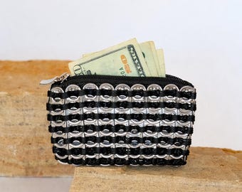 Black Soda Tab Coin Purse | Upcycled Soda Tabs, Fabric Liner, Zipper Top