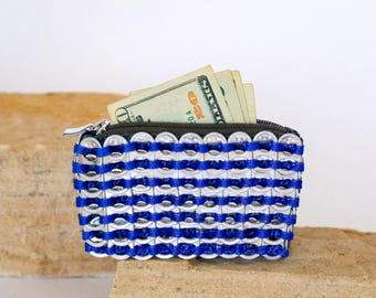 Blue Pop Tab Coin Purse | Upcycled Soda Tabs, Fabric Liner, Zipper Top