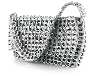 Silver Metal Purse | Paco Rabanne-Inspired Chainmail Bag | Recycled Purse Made of Pop Tops | Elegantly Finised w/ Fabric Liner & Zipper Top