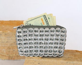 Silver Pop Tab Coin Purse | Upcycled Soda Tabs, Fabric Liner, Zipper Top