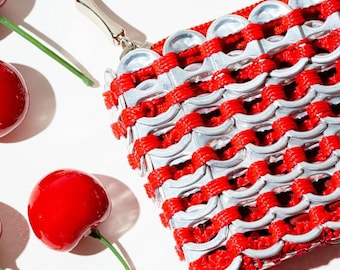 Red Pop Tab Coin Purse | Upcycled Soda Tabs, Fabric Liner, Zipper Top