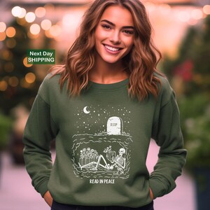 Read in Peace Sweatshirt, Skeleton Book Sweatshirt, Skeleton Reading Crewneck, Book Lover Halloween, Bookish Halloween Crewneck
