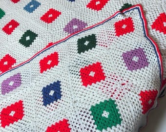 Large Crochet Granny Square Blanket 106x82 White Multicolor Bedspread