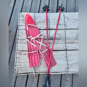 Vintage Red Wooden Skis with Poles Cabin Winter Decor