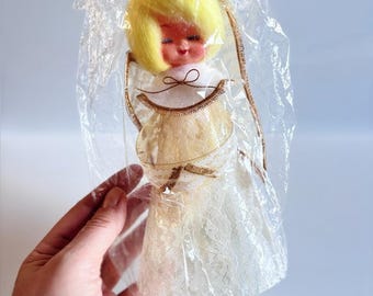 Vintage 1960s Angel Tree Topper in Original Wrap – Lace Dress Christmas Decor