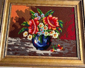 Vintage 60s Large Floral Bouquet Garden Needlepoint Picture Framed 22x18 Inches