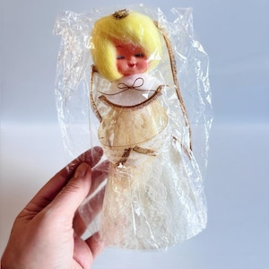 Vintage 1960s Angel Tree Topper in Original Wrap – Lace Dress Christmas Decor