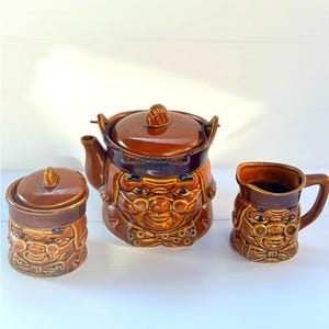 Vintage Japan Brown Glazed Character Face Tea Set – Teapot, Sugar, Creamer