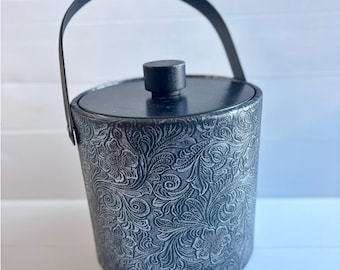 Vintage Irvinware Black Ice Bucket Embossed Floral Made in USA