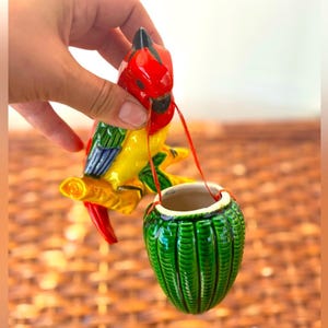 Vintage Hand-Painted Ceramic Bird Planter – Colorful Parrot with Basket