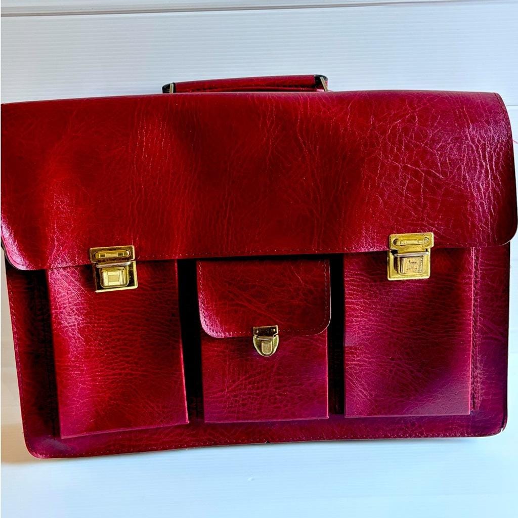 Vintage 1970s Red Leather Messenger Bag, School Bag, Laptop Bag, Book Bag