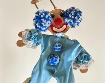 Vintage Wooden Clown Marionette Puppet Blue Costume Handmade Decor Toy