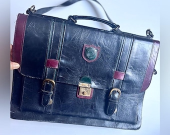 Vintage Black Leather Briefcase Burgundy Trim Classic Business Bag