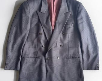 Vintage double-breasted blazer met ruitpatroon, maat 44R, gemaakt in Canada. Klassieker.