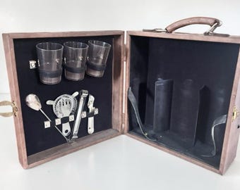 Vintage Bar Set in Case Cocktail Kit Gift for Dad Travel Barware