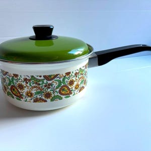 Peut inclure: Une casserole blanche avec un long manche noir et un couvercle vert assorti doté d'un bouton noir. L'extérieur de la casserole est orné d'un motif répétitif de fleurs et de cachemires orange, marron et verts entourant la base.