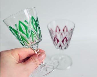 Vintage Cut Glass Wine Goblets Set Green Red Diamond Pattern