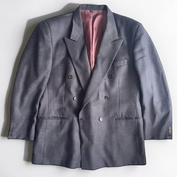 Vintage Double Breasted Plaid Blazer 44R, Made In Canada | Gray Windowpane | Classic Menswear