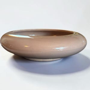 Peut inclure: Un bol en céramique circulaire à profil bas avec une finition lisse et brillante dans un ton beige doux et sourd. Le récipient présente un large bord arrondi qui se courbe vers l'intérieur vers un centre peu profond et ouvert.