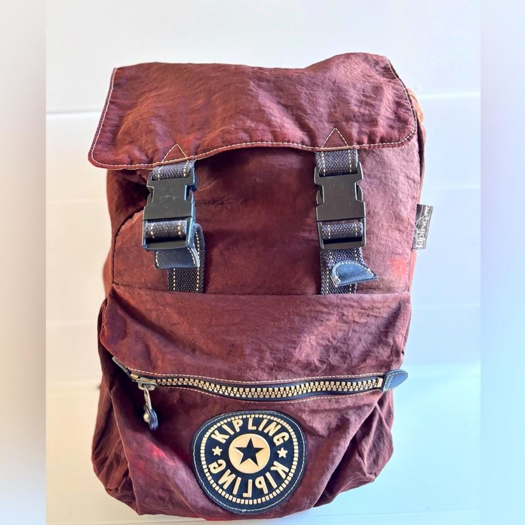 Vintage Kipling Backpack – Burgundy Nylon Rucksack With Logo  display picture 1