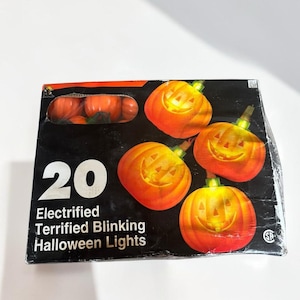 Peut inclure: Une boîte rectangulaire noire pour 20 guirlandes lumineuses d'Halloween clignotantes. L'emballage présente une fenêtre transparente montrant des ampoules orange en forme de citrouille et des illustrations de quatre citrouilles illuminées.