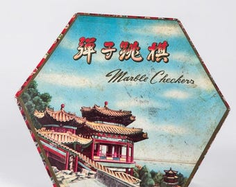 Vintage Chinese Marble Checkers Game Tin Made in China