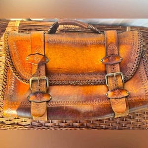 Vintage Tooled Leather Saddlebag Briefcase, Handcrafted Mexican Satchel | Boho Western Bag