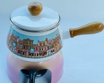 Vintage Emaille-Fondue-Set für die Retro-Cottage-Küche