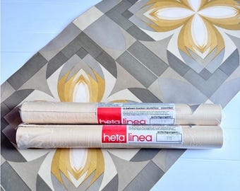 1970s Vintage Wallpaper Lot 3 Rolls Geometric Gold Gray Heta Linea