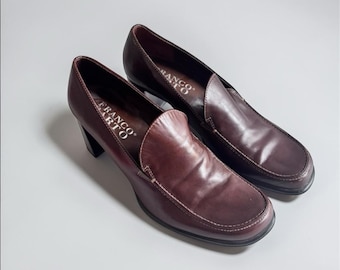 Zapatos de tacón de cuero Dranco vintage, talla 8 1/2, color marrón, tacón grueso, estilo clásico.