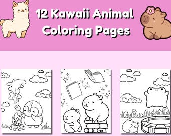 May include: A pink background with the text "12 Kawaii Animal Coloring Pages" and illustrations of a llama and a capybara. Below are three black and white coloring pages featuring cute animals.