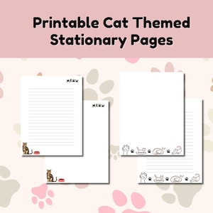 10 hojas imprimibles de papelería con gatos: adorables hojas de papel kawaii para escribir. Descarga digital. Papelería estética con temática felina en PDF.
