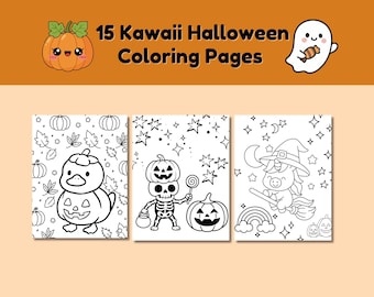 Puede incluir: Un conjunto de 15 páginas para colorear de Halloween Kawaii. La imagen presenta tres páginas para colorear en blanco y negro con lindas ilustraciones temáticas de Halloween, incluyendo calabazas, fantasmas y una bruja unicornio. La parte superior de la imagen tiene una ilustración de calabaza y fantasma.