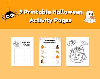 Pode incluir: Fundo laranja com o texto "9 páginas de atividades imprimíveis de Halloween". São exibidas três páginas de atividades imprimíveis, com ilustrações temáticas de Halloween para colorir e combinar. Uma aranha e um fantasma de desenho animado também são mostrados.