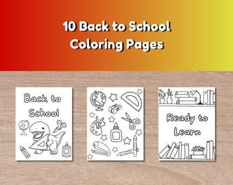 Op de afbeelding: Drie zwart-wit kleurplaten. De eerste pagina zegt "Back to School" en toont een dinosaurus met schoolspullen. De tweede pagina heeft schoolspullen. De derde pagina zegt "Ready to Learn" met boeken.