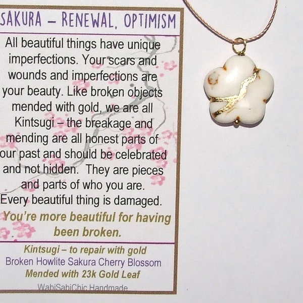 Kintsugi Broken Sakura Flower White  Howlite Pendant Mended with Gold, Cord Necklace, Minimalist, Kintsukuroi,  On Inspirational Card, .925