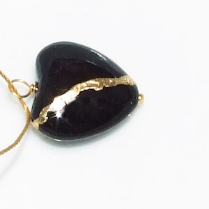 Medium Kintsugi Broken Heart Black Howlite Pendant Mended with Gold, Cord Necklace, Minimalist,Zen, Kintsukuroi,  On Inspirational Card,.925