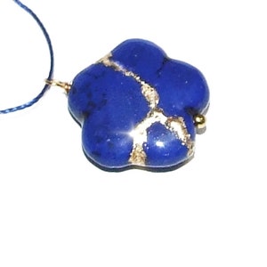 Kintsugi Broken Sakura Flower Lapis-Blue Howlite Pendant Mended with Gold, Cord Necklace, Minimalist, Kintsukuroi,  On Inspirational Card