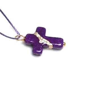 Kintsugi Petite Broken Cross Purple Howlite Pendant Mended with 23k Gold, Cord Necklace, Minimalist, Kintsukuroi, Inspirational Card,.925