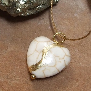 Petite Kintsugi Broken Heart White Howlite Pendant Mended with Gold, Cord Necklace, Minimalist,Zen, Kintsukuroi,  On Inspirational Card,.925