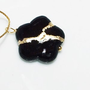 Kintsugi Broken Sakura Flower Black Howlite Pendant Mended with Gold, Cord Necklace, Minimalist, Kintsukuroi,  On Inspirational Card