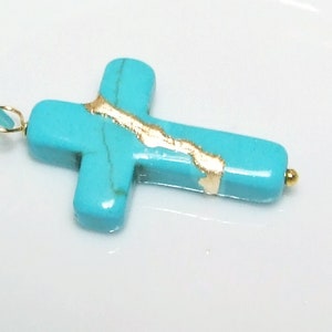 Kintsugi Broken Cross Turquoise Howlite 30mm Pendant Mended w/23k Gold, Cord Necklace, Minimalist, Kintsukuroi, On Inspirational Card,.925