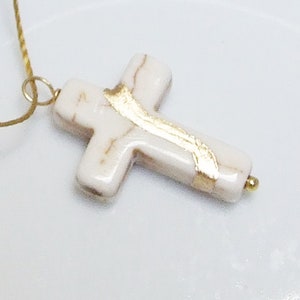 Kintsugi Broken Cross White Howlite 30mm Pendant Mended w/23k Gold, Cord Necklace, Minimalist, Zen, Kintsukuroi, On Inspirational Card,.925