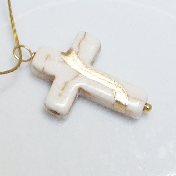 Kintsugi Broken Cross White Howlite 30mm Pendant Mended w/23k Gold, Cord Necklace, Minimalist, Zen, Kintsukuroi, On Inspirational Card,.925